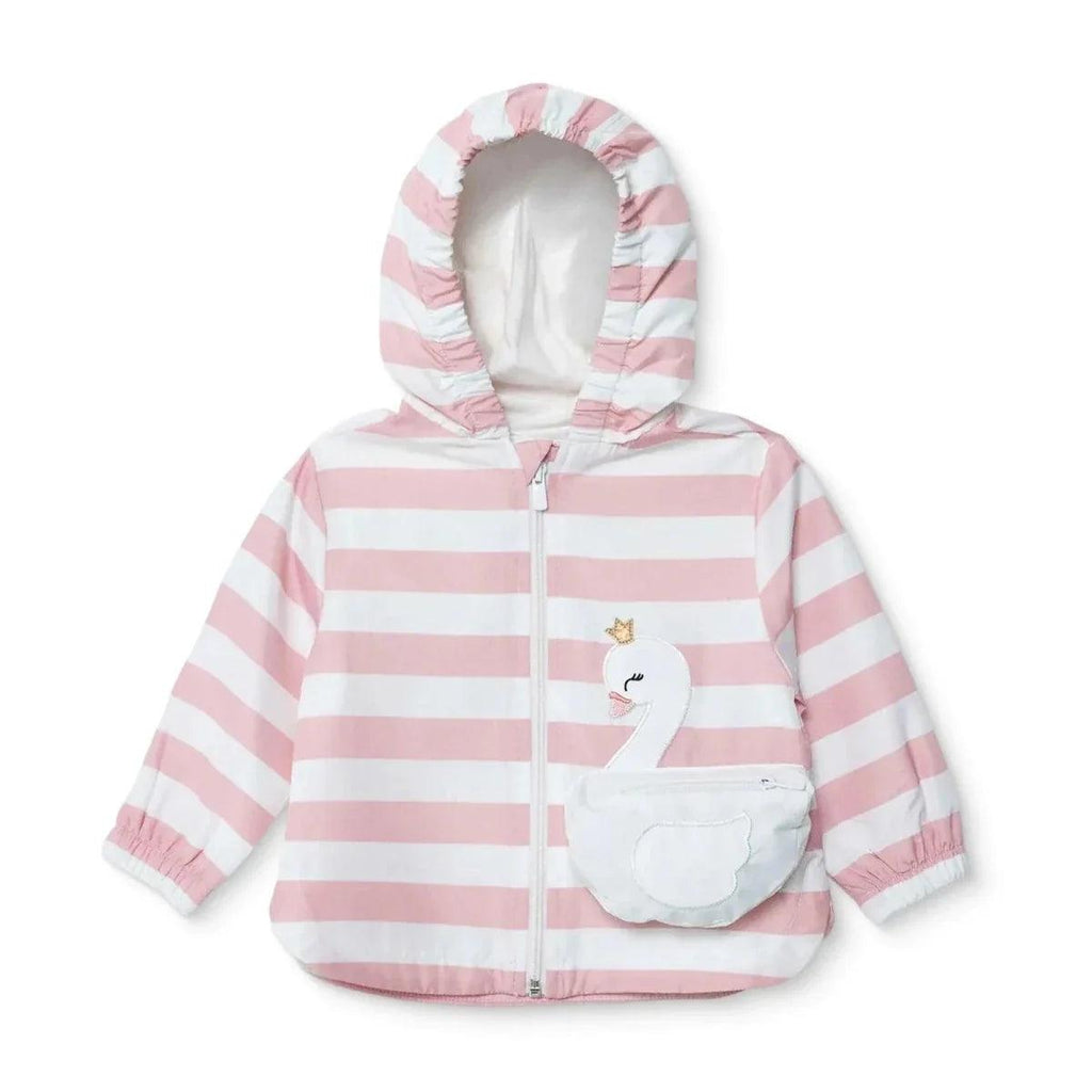 Hooded baby raincoat with pink-and-white stripes, zip front, and patch pocket detail.
