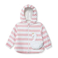 Hooded baby raincoat with pink-and-white stripes, zip front, and patch pocket detail.