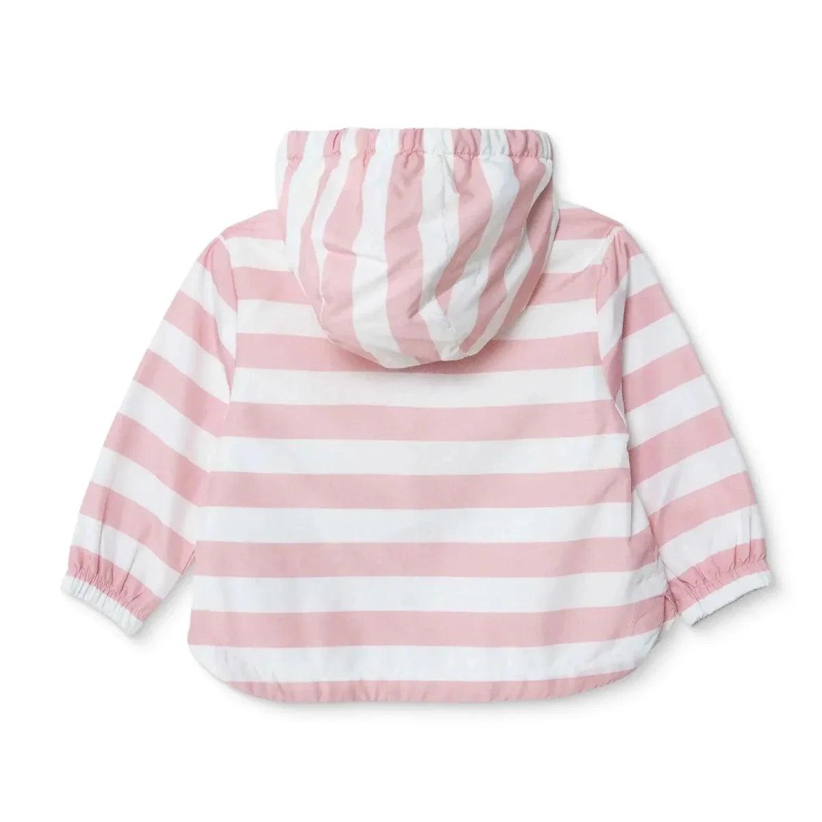 Hooded baby raincoat in pink-and-white horizontal stripes, with elastic cuffs and hem.