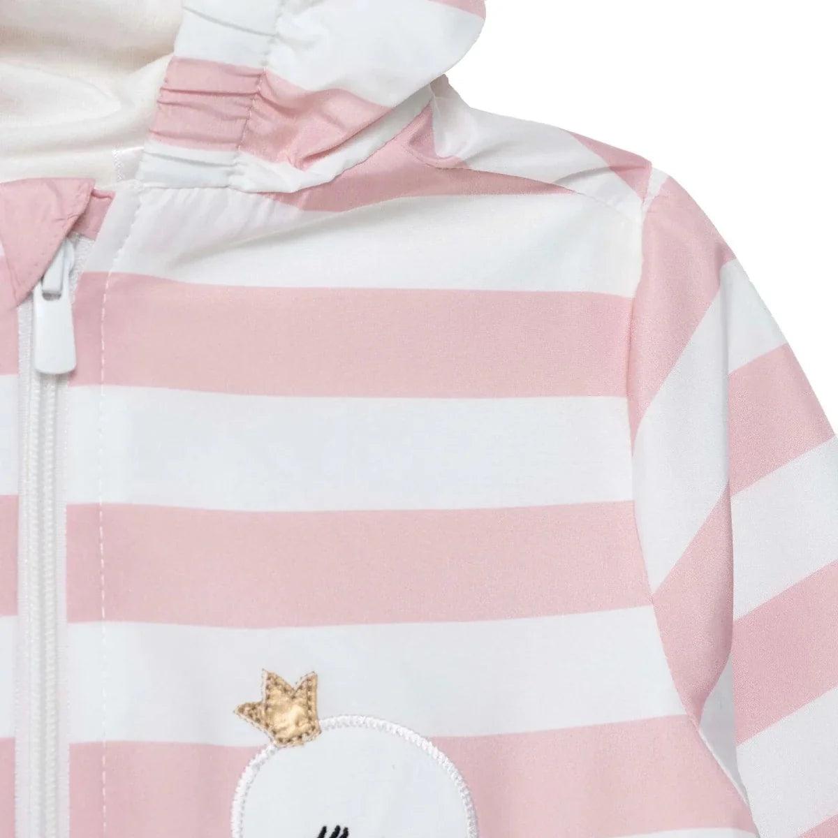 Close-up of hooded baby raincoat with pink-and-white stripes and front zipper placket.