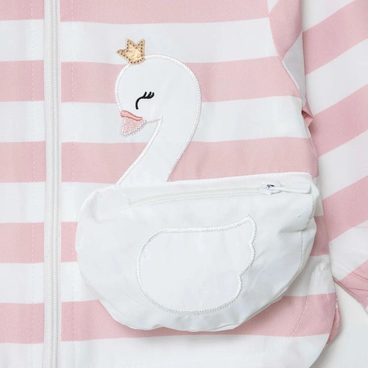 Pink striped hooded baby raincoat with swan applique and front pocket