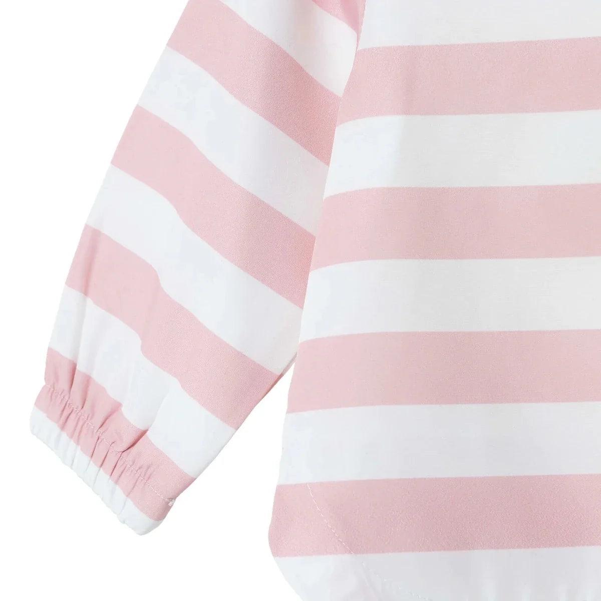 Baby raincoat sleeves with pink-and-white striped fabric and ruched elastic cuffs.