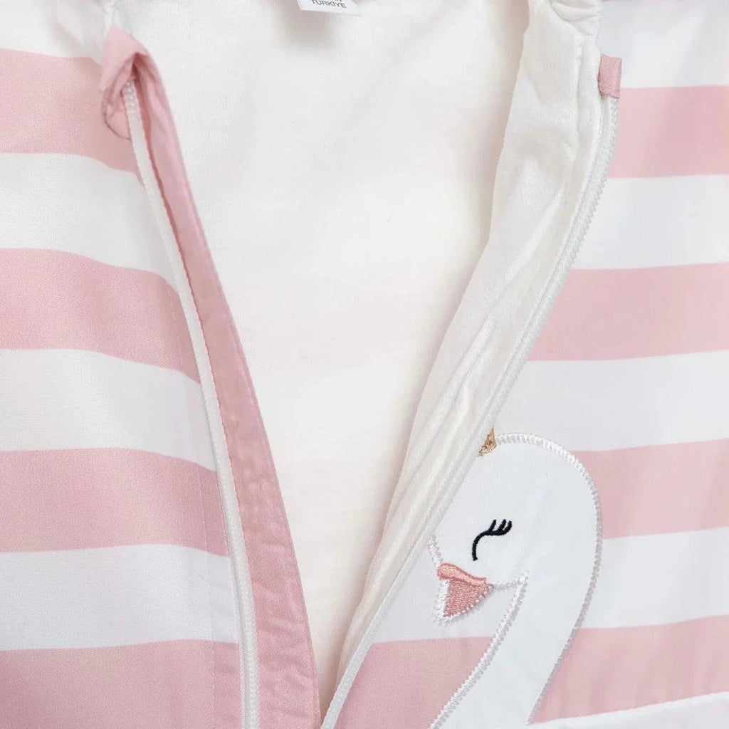 Pink striped hooded baby raincoat with swan print and zip