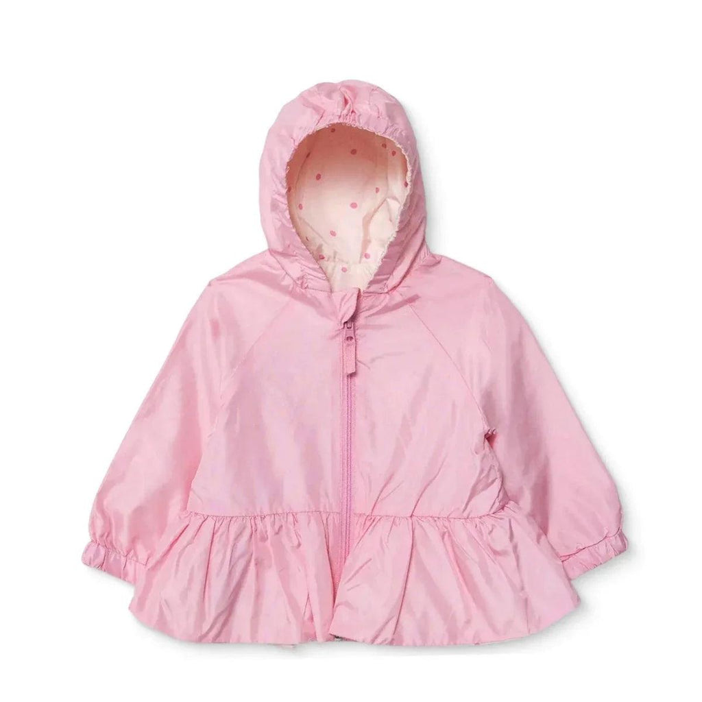 Pink hooded baby raincoat with front zip and gathered peplum hem
