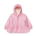 Pink hooded baby raincoat with front zip and gathered peplum hem