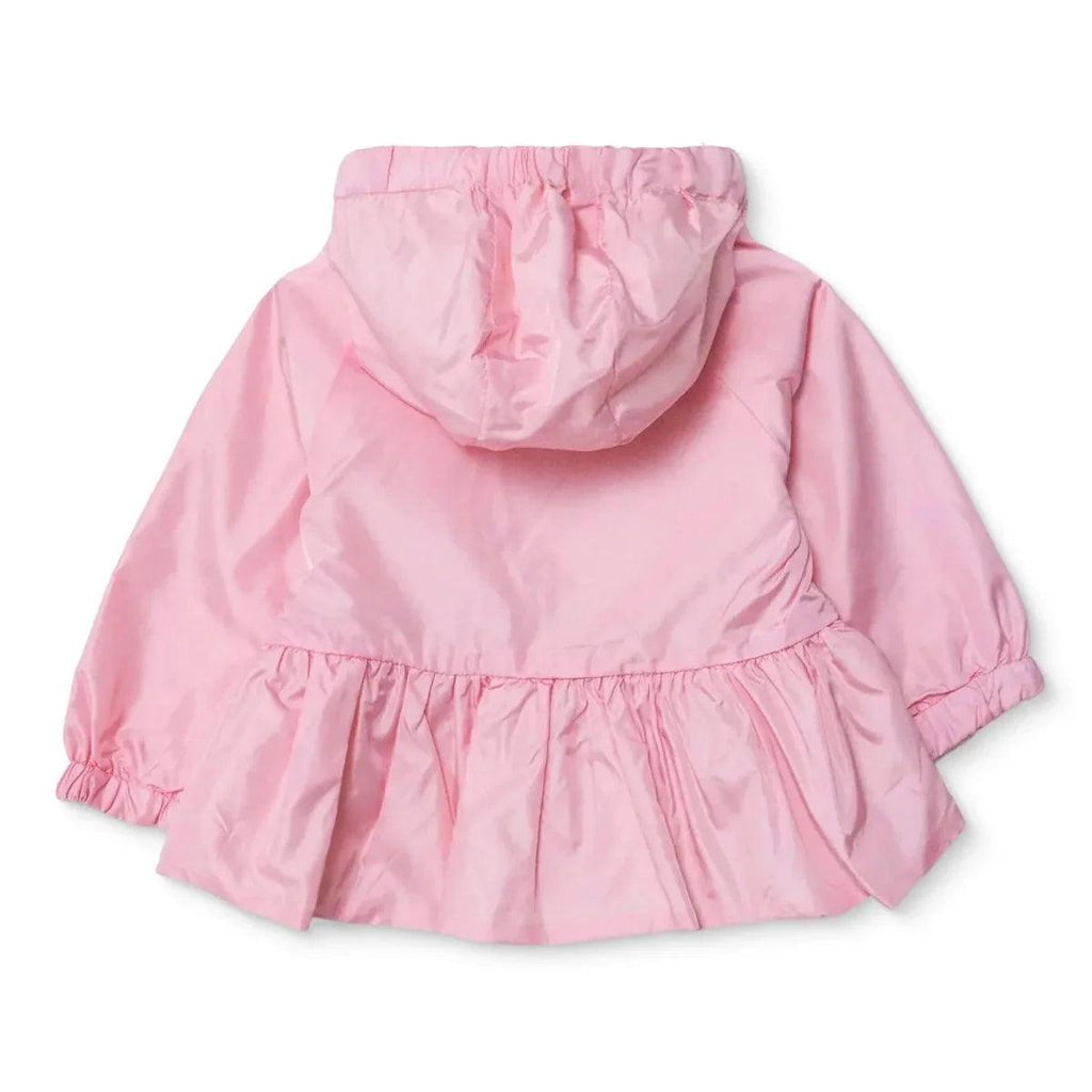 Pink hooded baby raincoat back view with elastic cuff and peplum