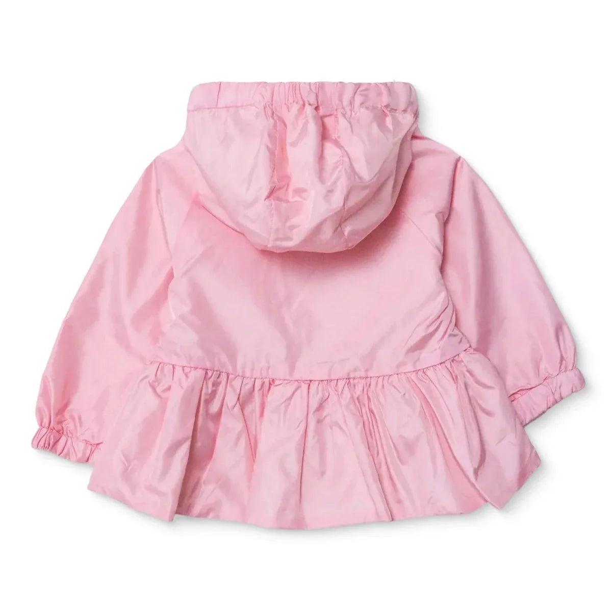 Pink hooded baby raincoat back view with elastic cuff and peplum