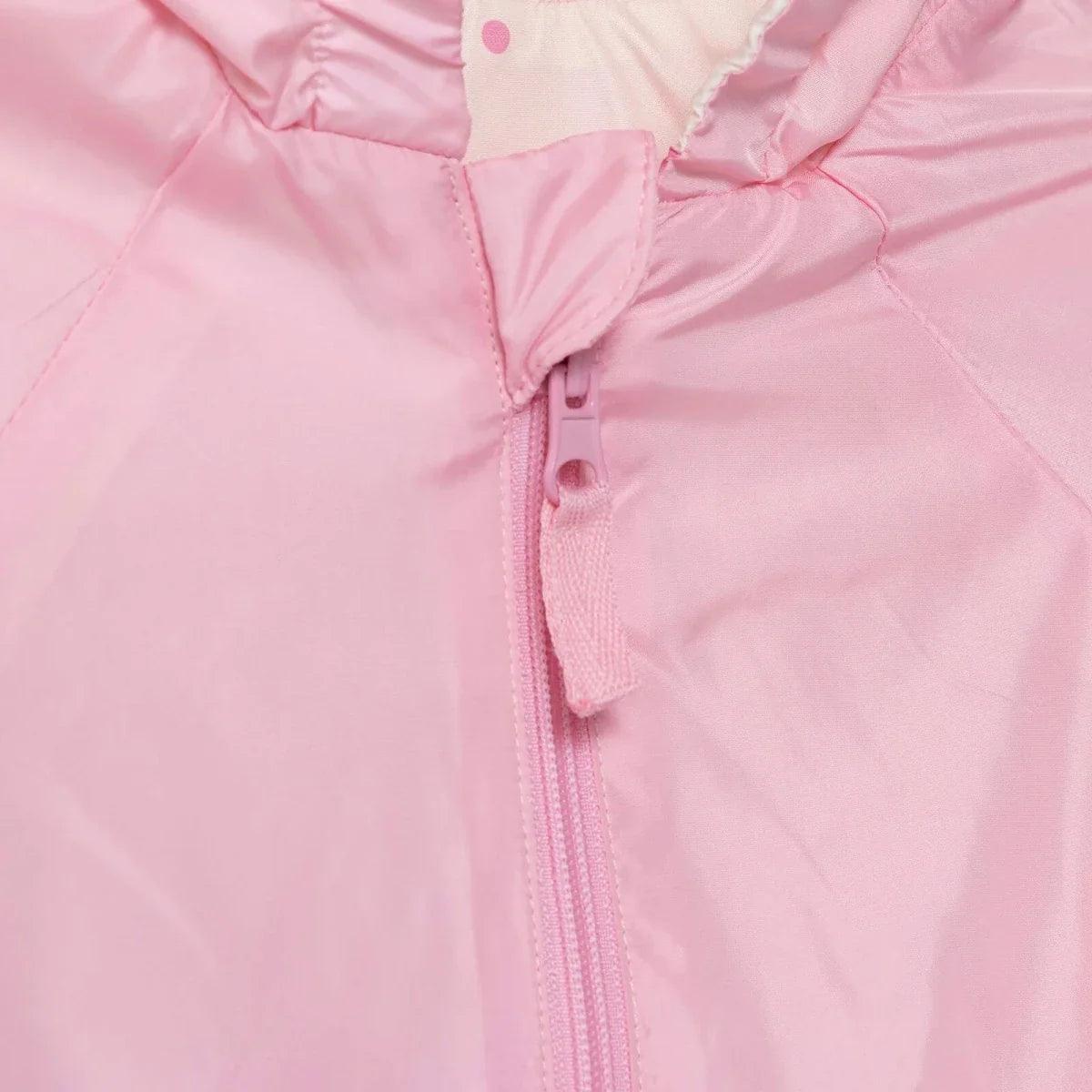 Pink hooded baby raincoat front with zip and curved seams