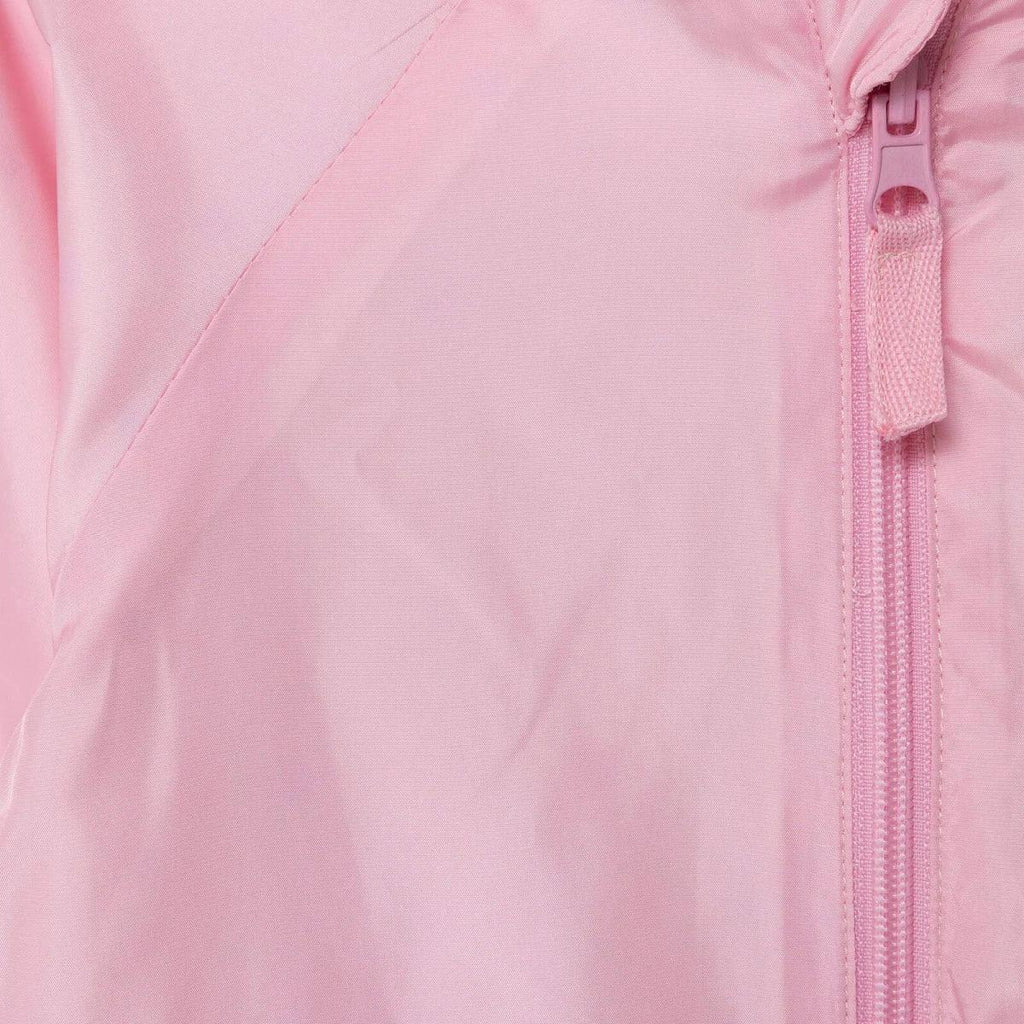 Pink hooded baby raincoat front panel with zipper and stitching