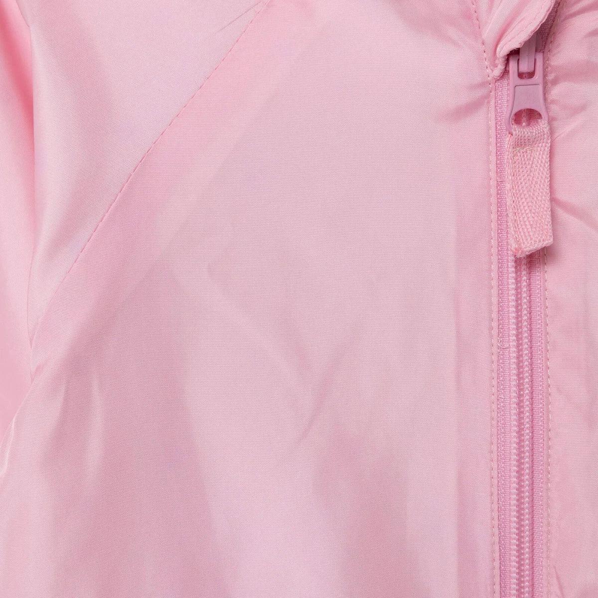 Pink hooded baby raincoat front panel with zipper and stitching