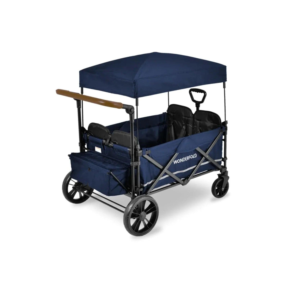 Sapphire navy quad stroller wagon front three-quarter view with canopy