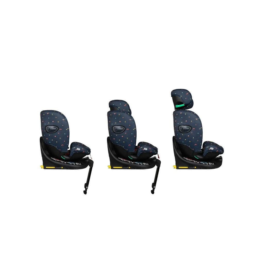 Navy doodle-pattern car seat shown from front-left, with padded headrest and harness