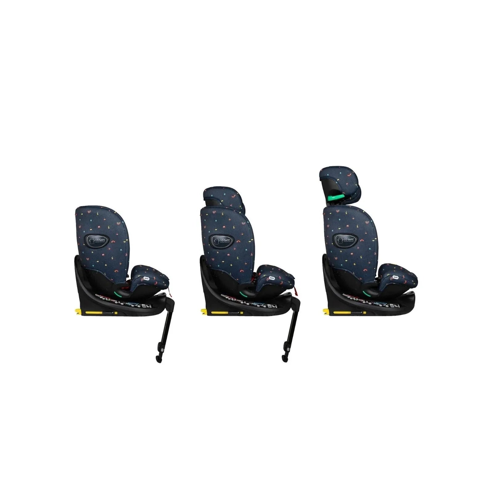Navy doodle-pattern car seat shown from front-left, with padded headrest and harness