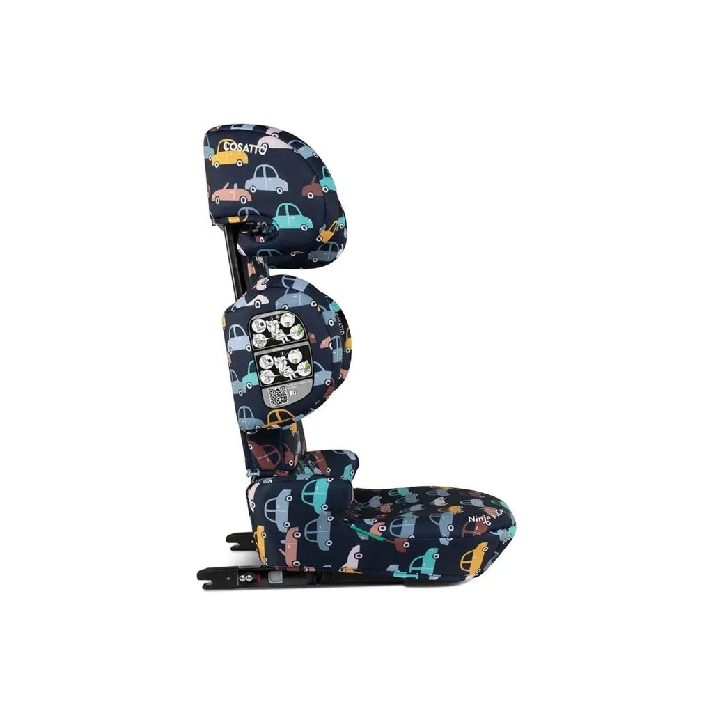 Kids car seat side view, navy car print cover with recline back