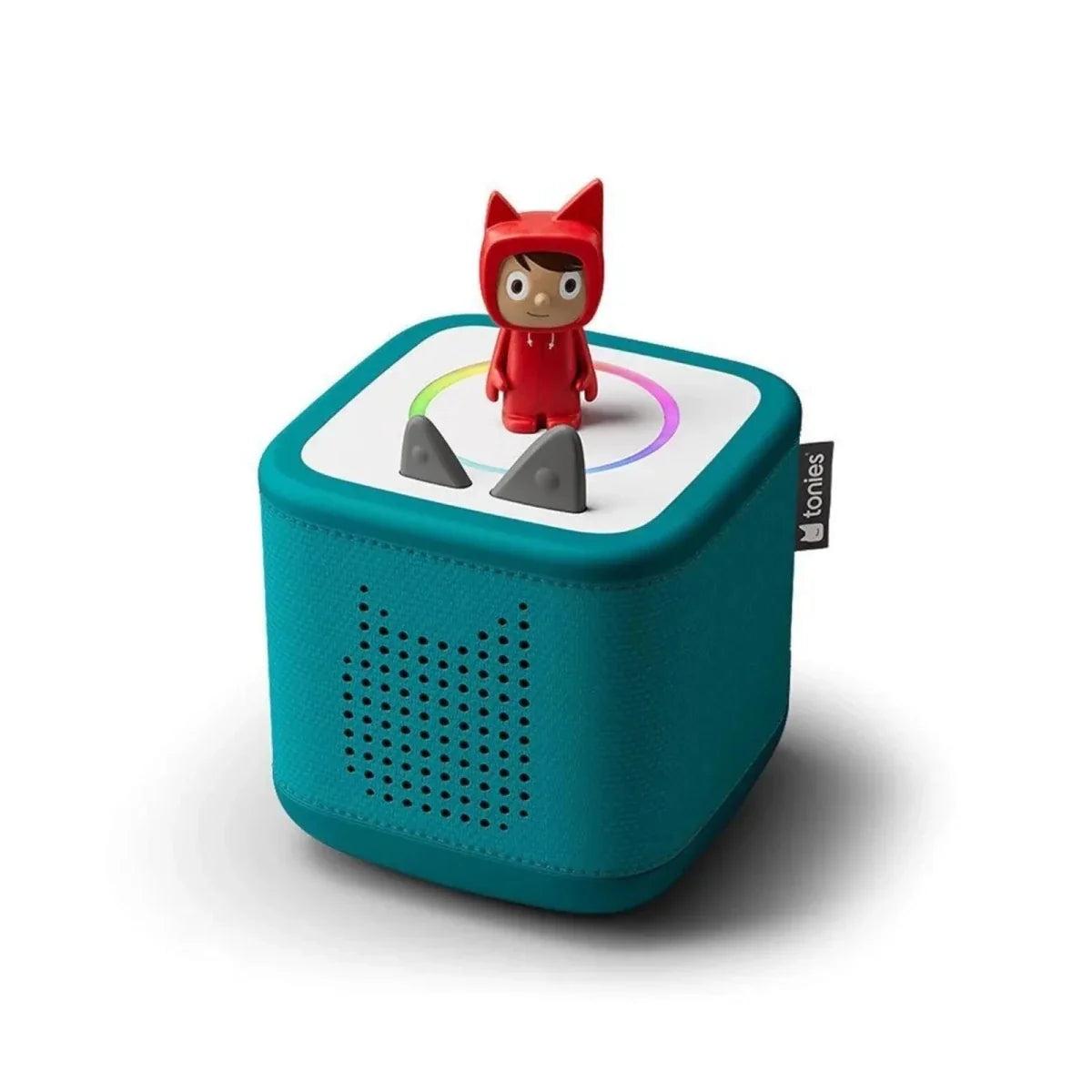 Teal Toniebox 2 audio player cube with red Creative Tonie figure on top