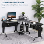 Black L-shaped corner desk with CPU rack, keyboard tray, and vented side storage.