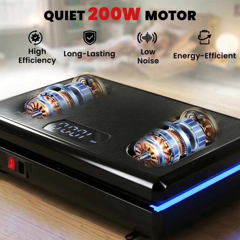 Black vibration plate exercise machine with visible motor units and blue LED edge