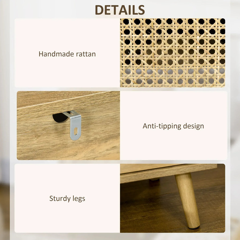 Bedside Table with Rattan Element, Side End Table with Shelf and Cupboard, 39cmx35cmx60cm, Set of 2, Natural - Bobobiy