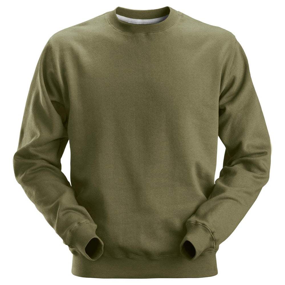 Khaki green plain crew neck sweatshirt jumper, front view, crew neckline, ribbed cuffs