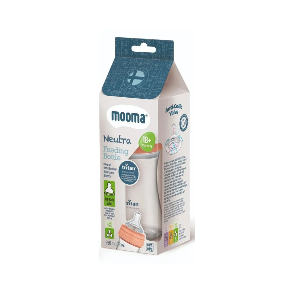 Mooma Neutra feeding bottle beside retail box, coral pink fast-flow nipple