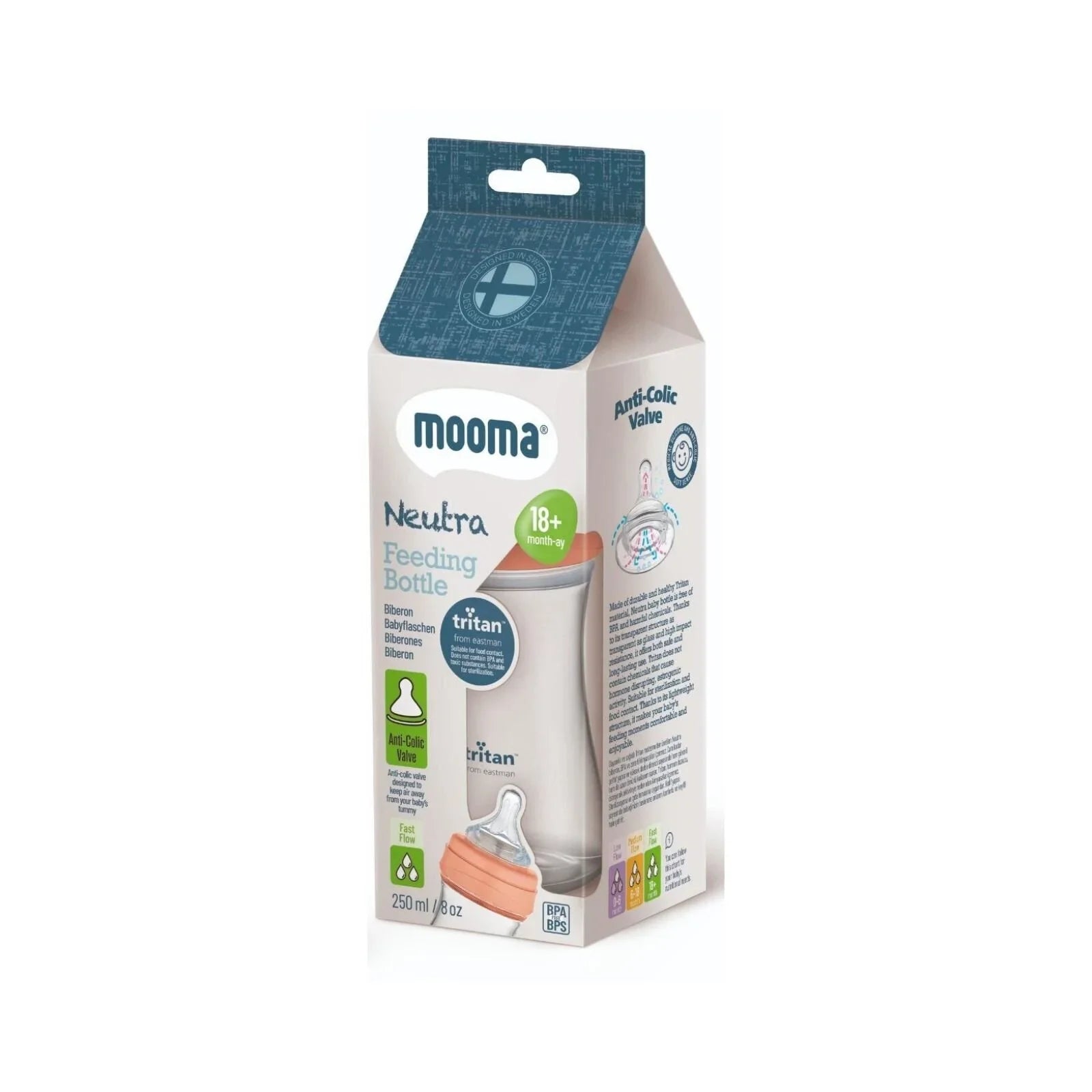 Mooma Neutra feeding bottle beside retail box, coral pink fast-flow nipple