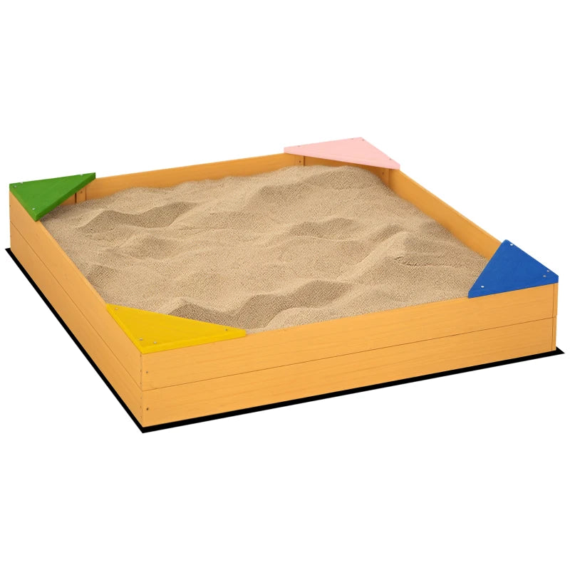 Kids wooden sand pit with sand, four corner seats, pink cover, colored fabric panels