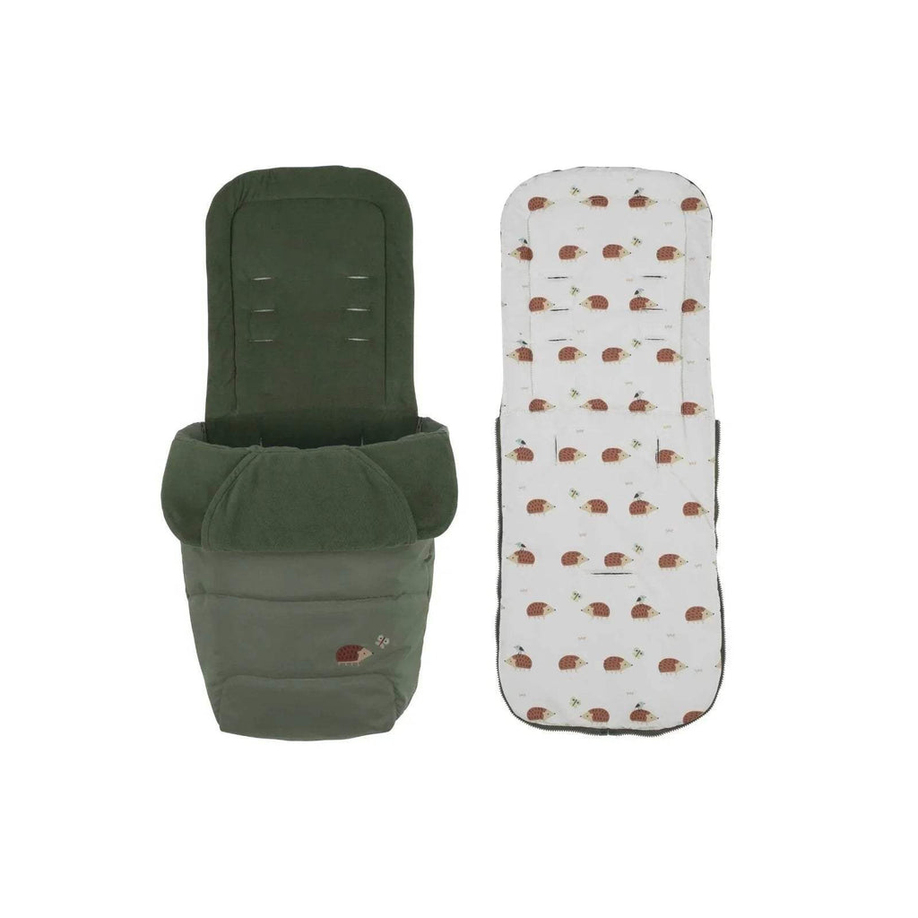 Cosatto Supa 3 stroller accessories: dark green footmuff and hedgehog-print liner