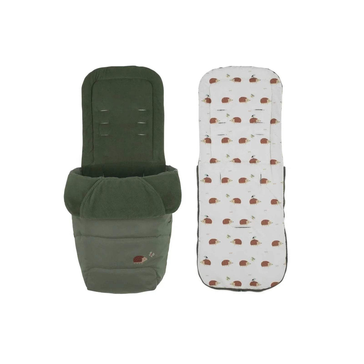 Cosatto Supa 3 stroller accessories: dark green footmuff and hedgehog-print liner