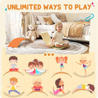 Orange wooden balance board with curved top, child seated and balancing