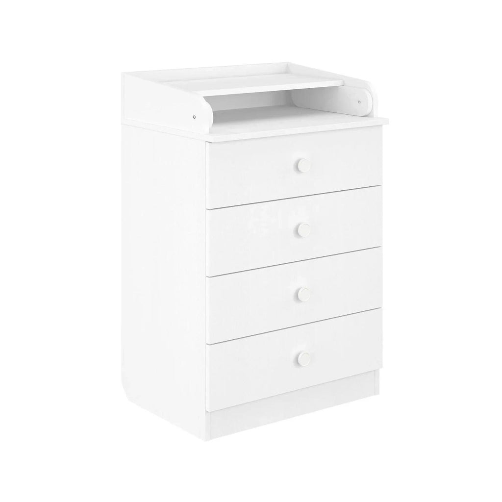 White kids changing dresser with 4 drawers and top changing pad with side rails
