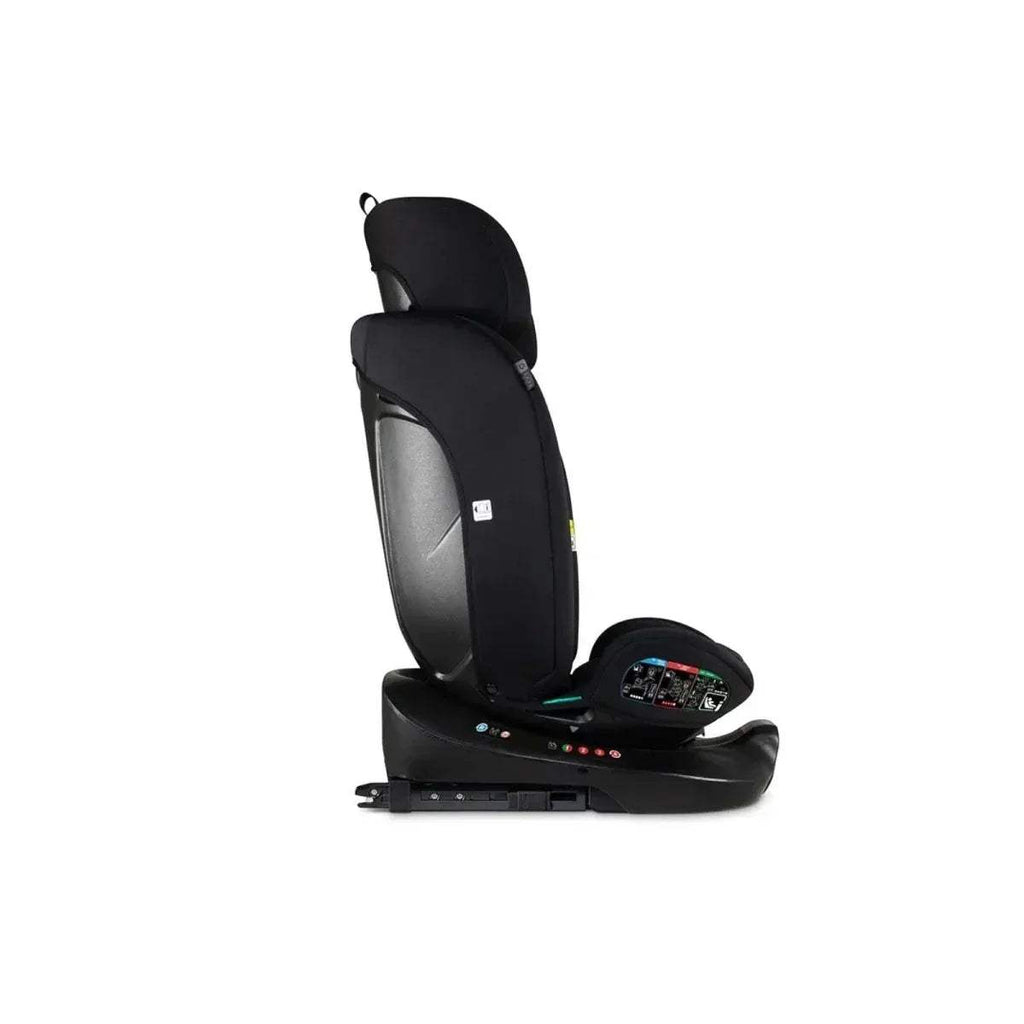 360° rotating child car seat, black shell with headrest and safety harness.