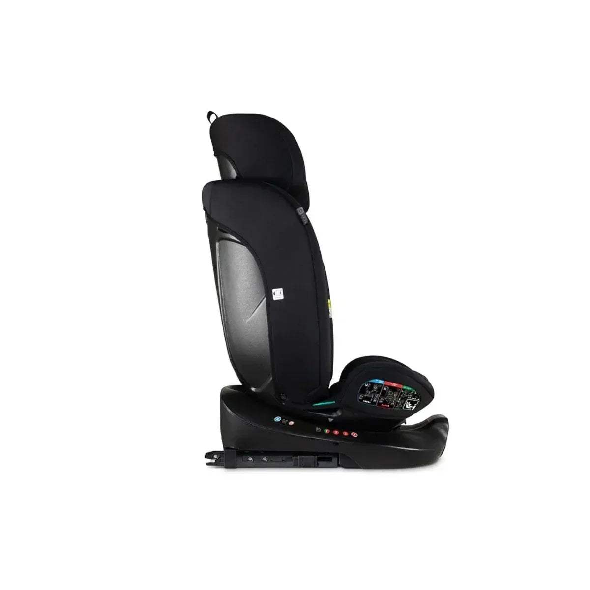 360° rotating child car seat, black shell with headrest and safety harness.