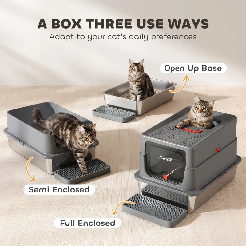 Dark grey enclosed litter box with lid and step, shown in semi- and fully-enclosed setups