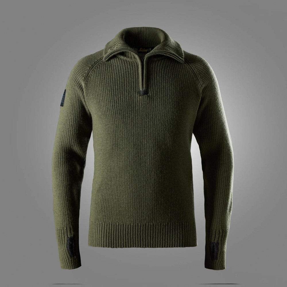 Olive wool half-zip sweater with textured knit and ribbed cuffs
