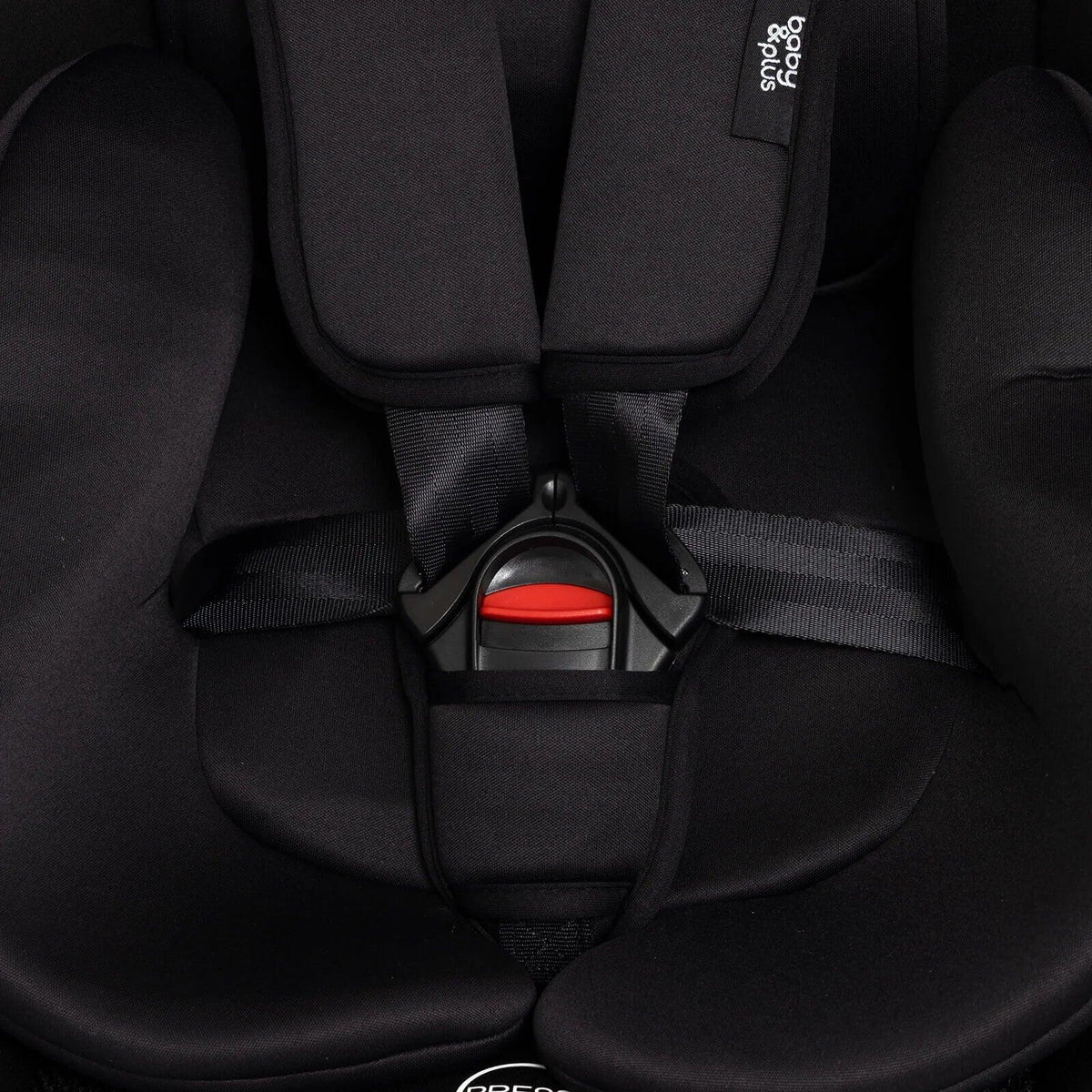 Black car seat harness buckle with red release bar