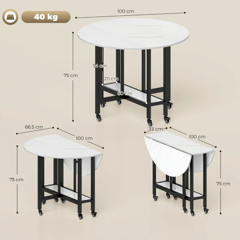 White marble folding dining table shown folded and extended, open shelf, casters