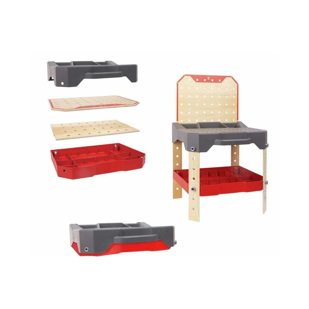 Hape vehicle service and repair workbench parts with red bins and organisation trays