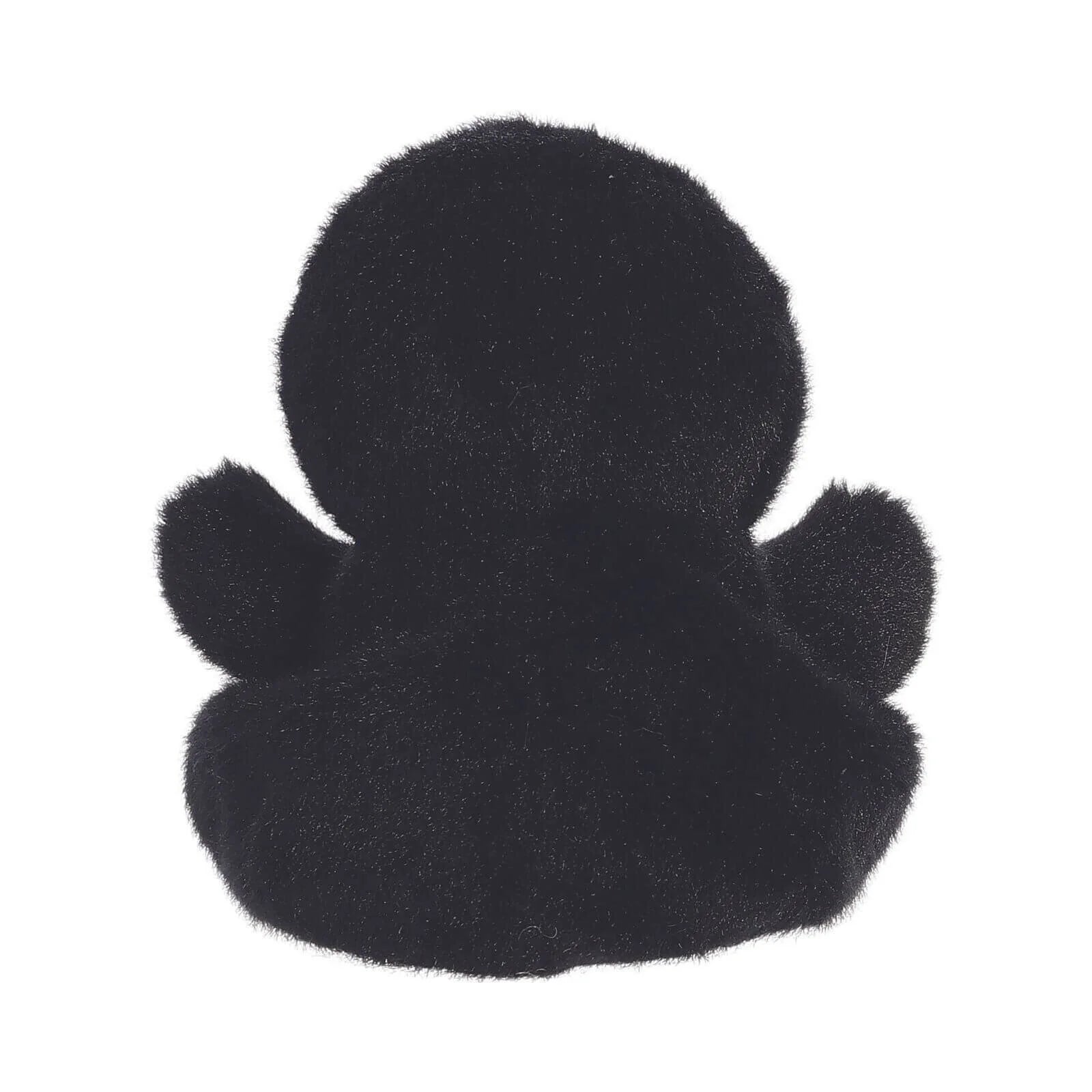 Black penguin plush toy back view with plush wings and round head shape.