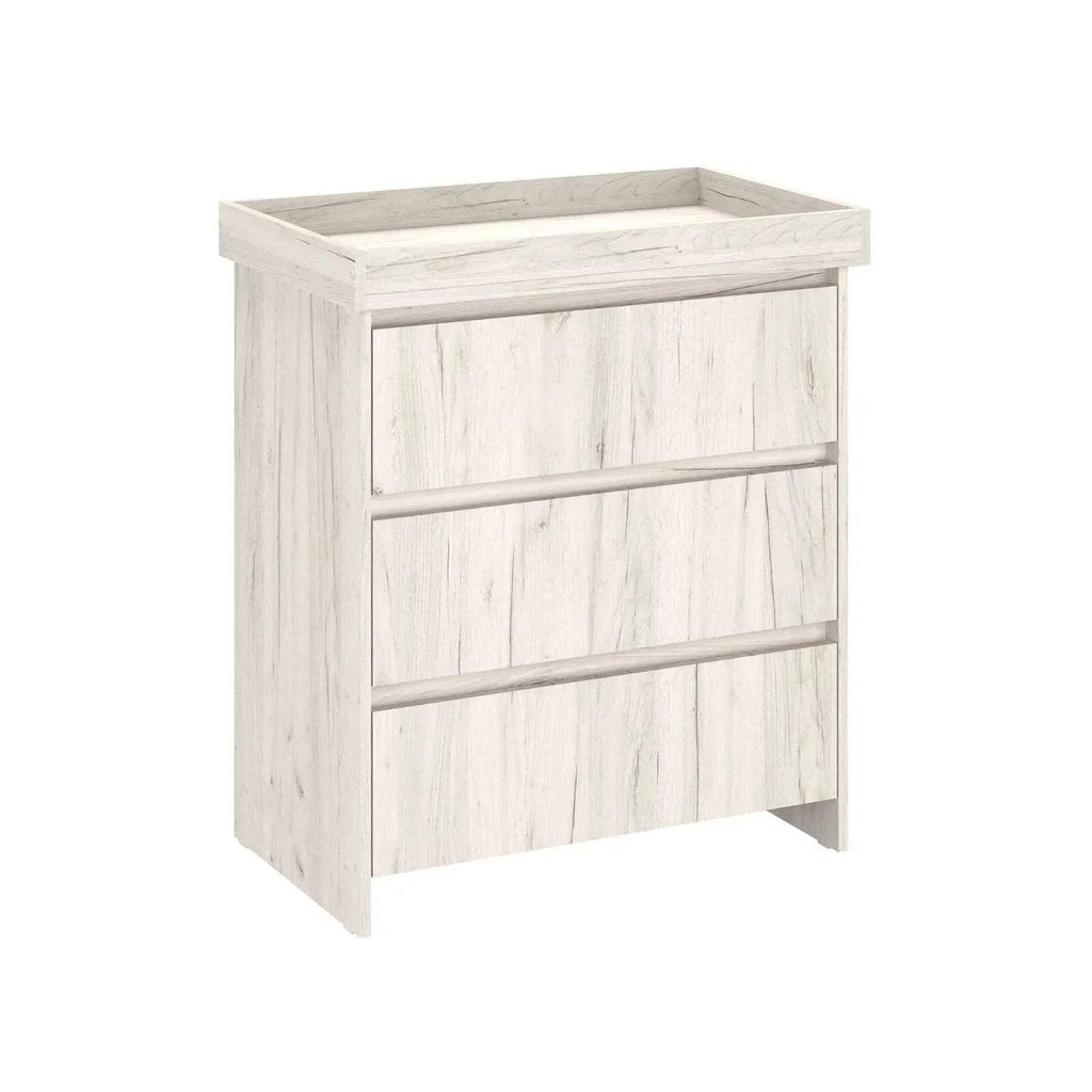 Light wood baby changing unit with fixed shelves and front panel rails