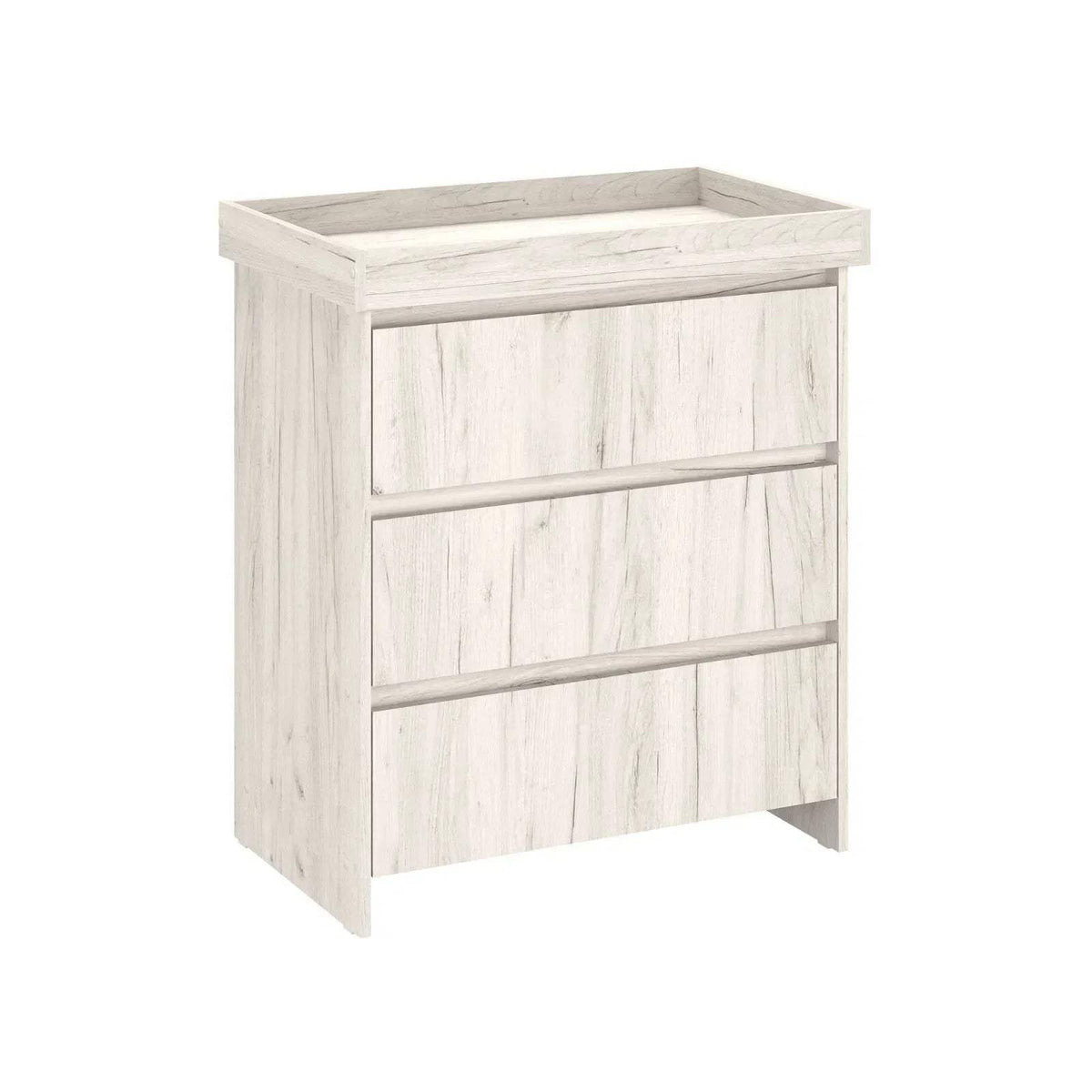 Light wood baby changing unit with fixed shelves and front panel rails