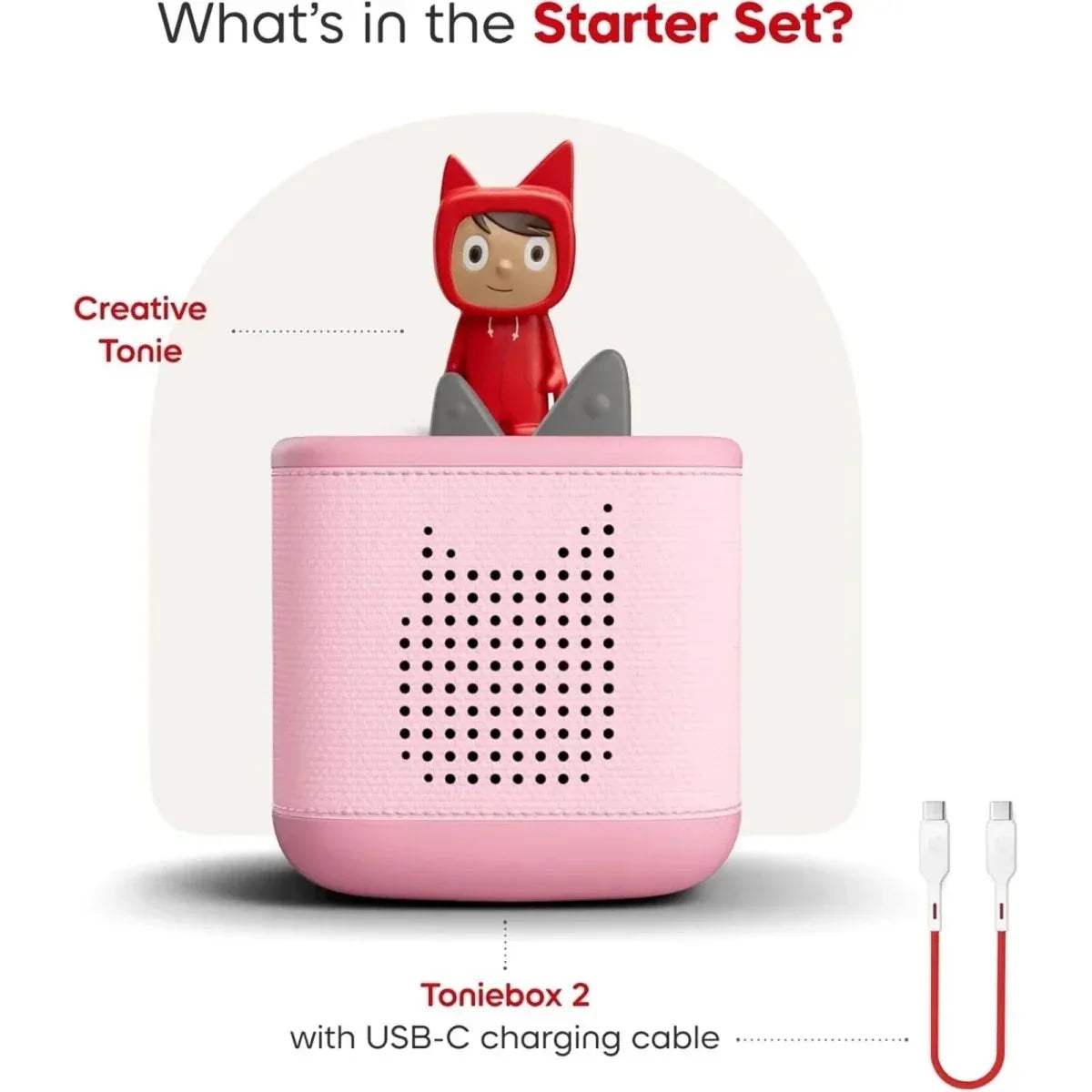 Pink Toniebox 2 with red Creative Tonie and USB-C charging cable