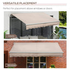 Beige retractable porch awning canopy with scalloped valance, mounted above openings