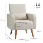 Cream upholstered armchair with back cushion, seat cushion, and wooden legs