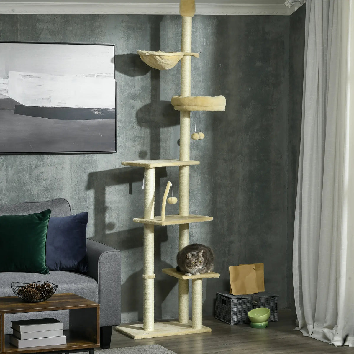 PawHut 230 250cm Floor to Ceiling Climbing Cat Tree Tower Beige