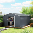 Grey metal outdoor storage shed with double doors open to reveal shelving inside