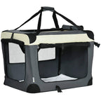 Grey foldable pet carrier with cushion, front mesh windows, and top carry handle