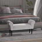 Upholstered window seat bench with rolled arms and dark legs, greyish white