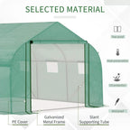 Green greenhouse corner with PE cover and mesh window panels, close-up