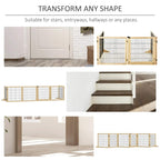 Foldable wooden pet gate with black wire mesh, shown transforming for different indoor spaces.