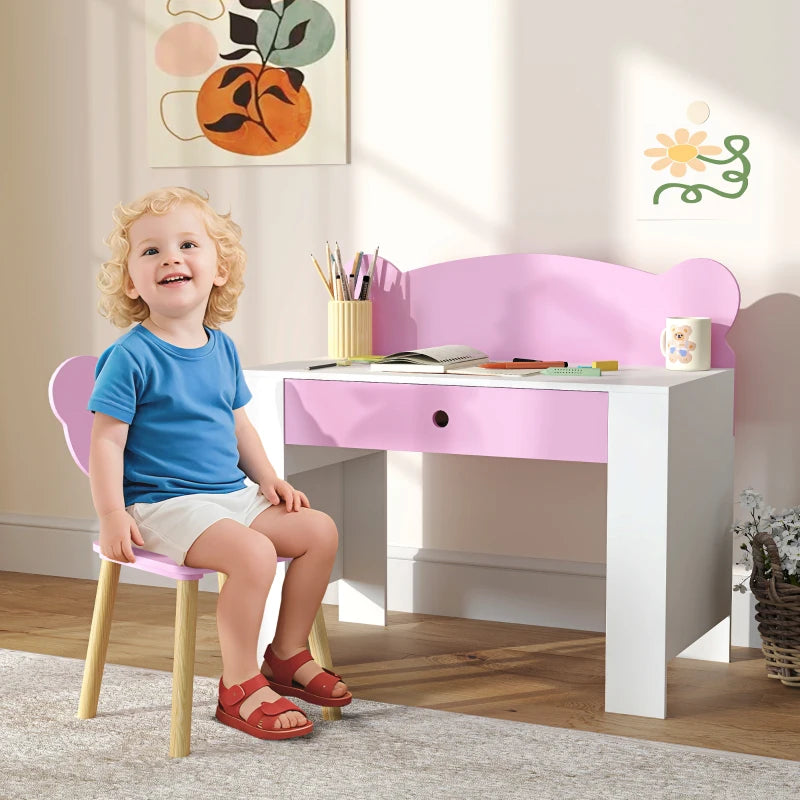 Pink bear-shaped chair and white kids desk with drawer for drawing and reading